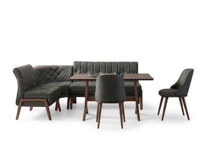 Gray Dining room Suite Wood Dining table 2x textile chairs corner bench 4-piece set French: Suite salle à manger grise Table à manger en bois 2 chaises en textile Banquette d'angle Ensemble 4 pièces