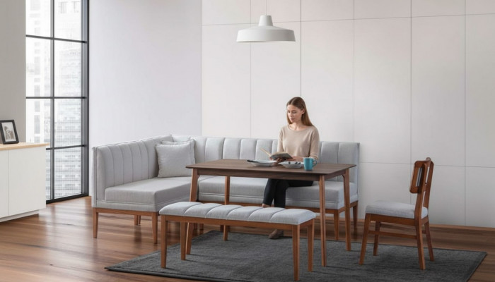 Blanc - Brun Salle à manger Suite Table en bois élégante Banquette d'angle rembourrée nouveau