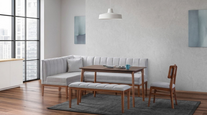 Blanc - Brun Salle à manger Suite Table en bois élégante Banquette d'angle rembourrée nouveau