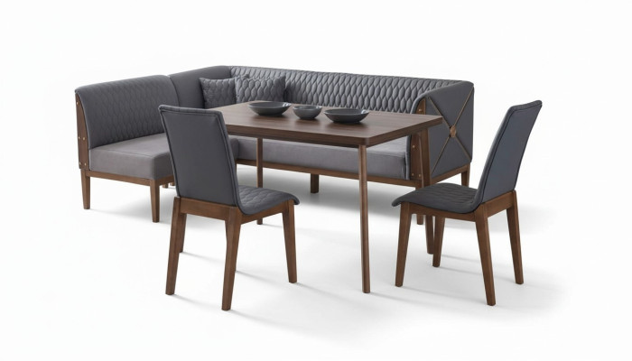 Suite de salle à manger grise et élégante avec table à manger brune et 2 tabourets.