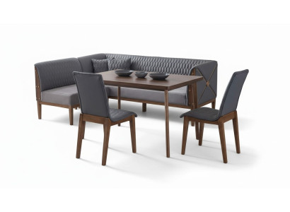 Suite de salle à manger grise et élégante avec table à manger brune et 2 tabourets.
