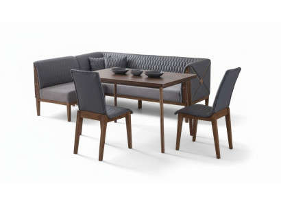 Suite de salle à manger grise et élégante avec table à manger brune et 2 tabourets.