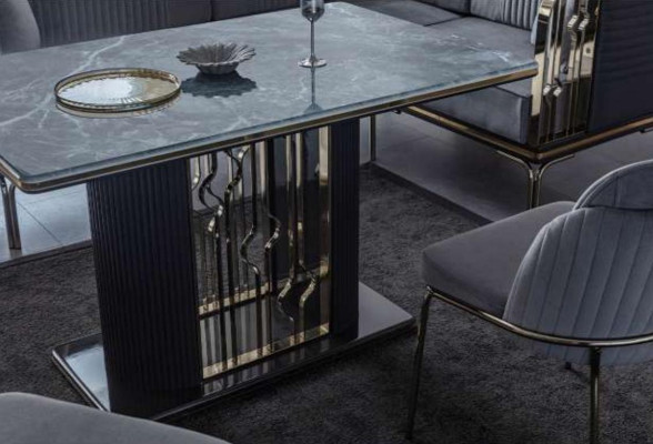 Ensemble de salle à manger exclusif en gris, table de luxe en acier inoxydable 2x chaises textiles