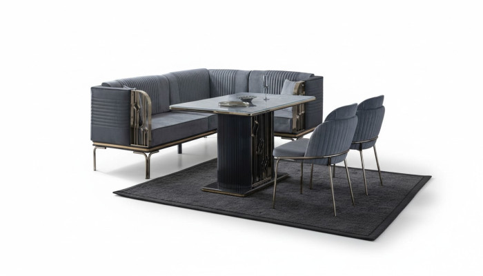 Ensemble de salle à manger exclusif en gris, table de luxe en acier inoxydable 2x chaises textiles