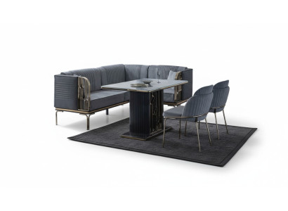 Ensemble de salle à manger exclusif en gris, table de luxe en acier inoxydable 2x chaises textiles