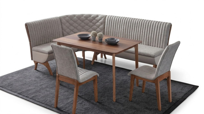Ensemble de salle à manger design en gris clair avec banquette d'angle rembourrée, 2 chaises et table à manger.