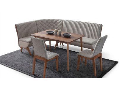 Ensemble de salle à manger design en gris clair avec banquette d'angle rembourrée, 2 chaises et table à manger.