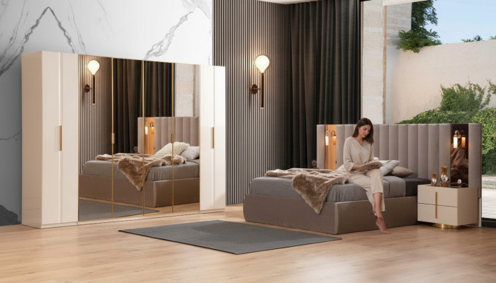 Chambre beige Ensemble de chambre Lit Designer Armoire 2x Tables de chevet