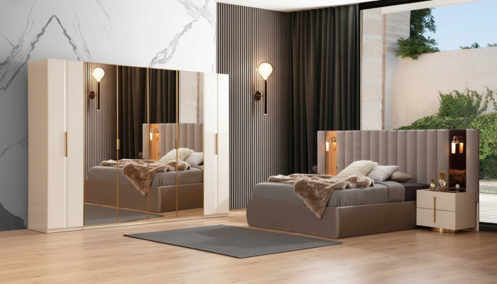Chambre beige Ensemble de chambre Lit Designer Armoire 2x Tables de chevet