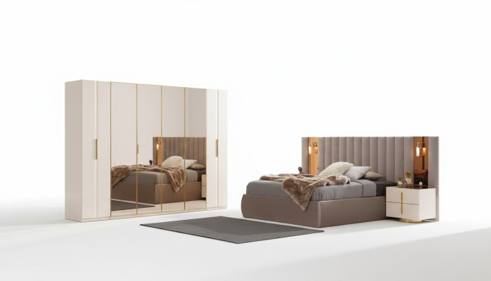 Chambre beige Ensemble de chambre Lit Designer Armoire 2x Tables de chevet