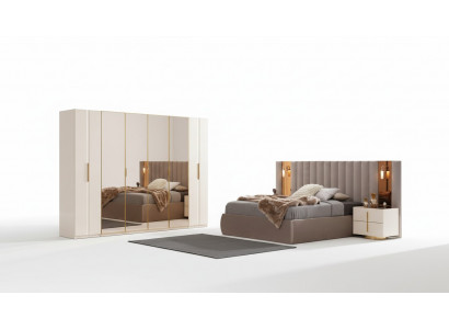 Chambre beige Ensemble de chambre Lit Designer Armoire 2x Tables de chevet