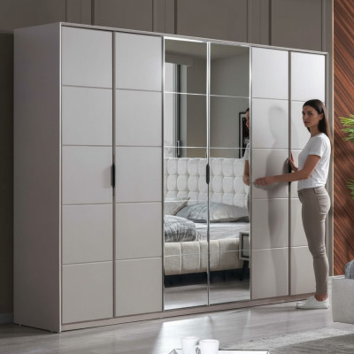 Garde-robe grise, garde-robe de chambre à 6 portes avec armoires en verre de luxe