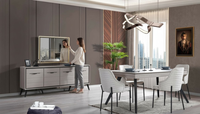 Salle à manger moderne Mobilier en bois Buffet de luxe Miroir Table à manger 6x Chaises