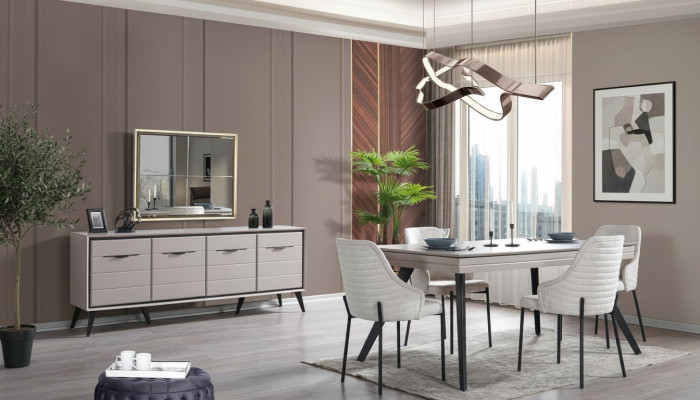 Salle à manger moderne Mobilier en bois Buffet de luxe Miroir Table à manger 6x Chaises