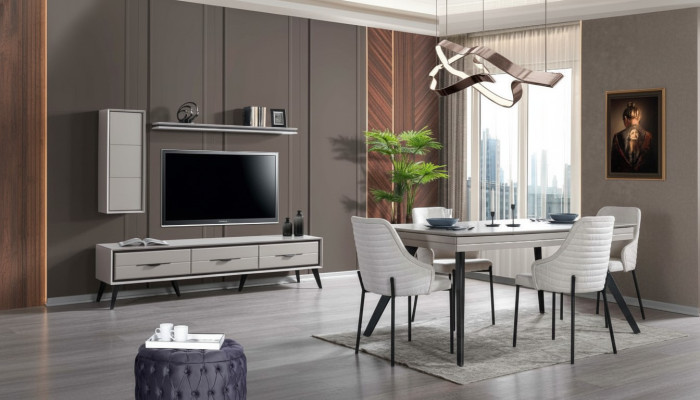 Ensemble de salle à manger moderne blanc: buffet bas, 6 chaises, table à manger, étagère 10 pièces