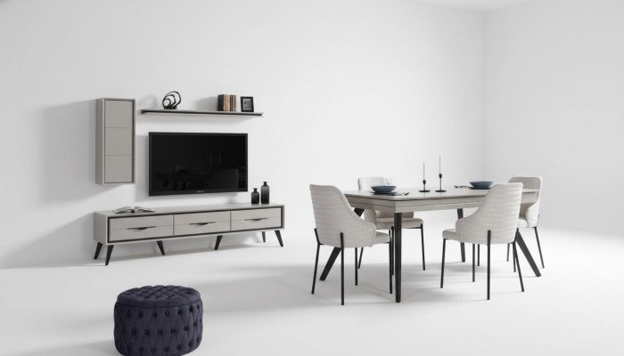 Ensemble de salle à manger moderne blanc: buffet bas, 6 chaises, table à manger, étagère 10 pièces