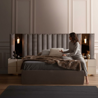 Ensemble de chambre marron Designer Lit double Blanc 2x Tables de chevet 3 pièces