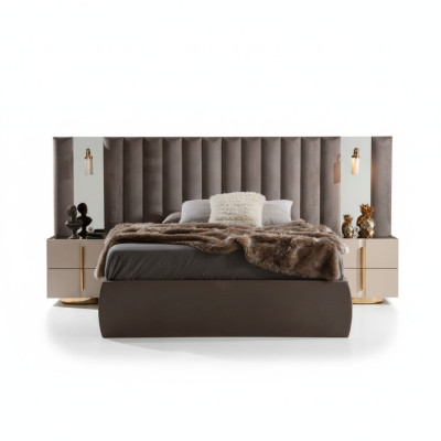 Ensemble de chambre marron Designer Lit double Blanc 2x Tables de chevet 3 pièces