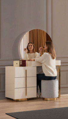 Coiffeuse beige en acier inoxydable meuble de chambre tabouret ensemble de 2 pièces