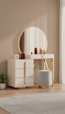 Coiffeuse beige en acier inoxydable meuble de chambre tabouret ensemble de 2 pièces