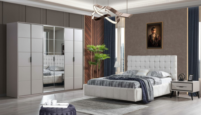 Ensemble de chambre blanc en tissu rembourré de luxe, lit en bois, armoire.
