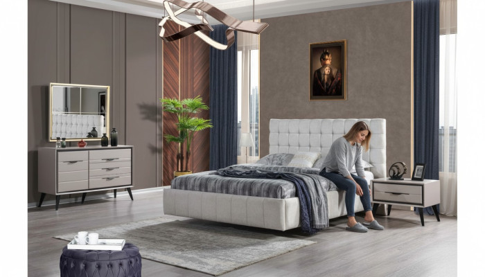 Chambre blanche exclusive Lit double Tables de chevet design Commode