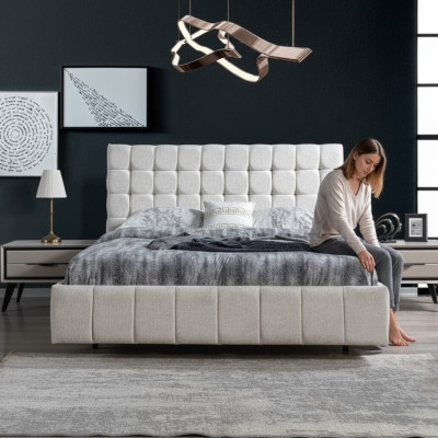 Ensemble de chambre exclusif en blanc Lit double de luxe 2x Tables de chevet en bois