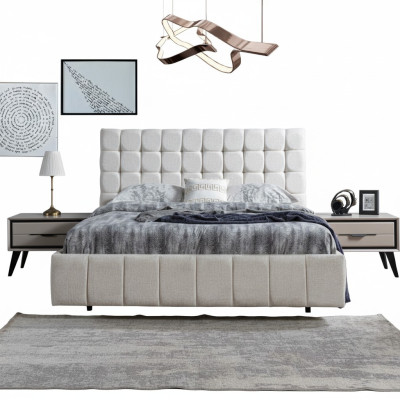 Ensemble de chambre exclusif en blanc Lit double de luxe 2x Tables de chevet en bois