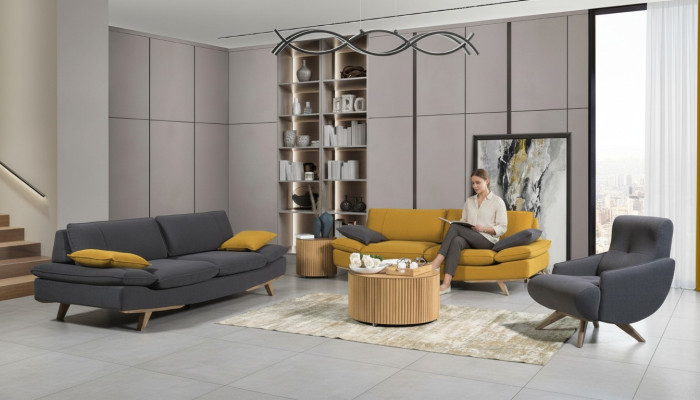 Salon gris-jaune mobilier de luxe 2x canapés 3 places fauteuil individuel 3 pièces