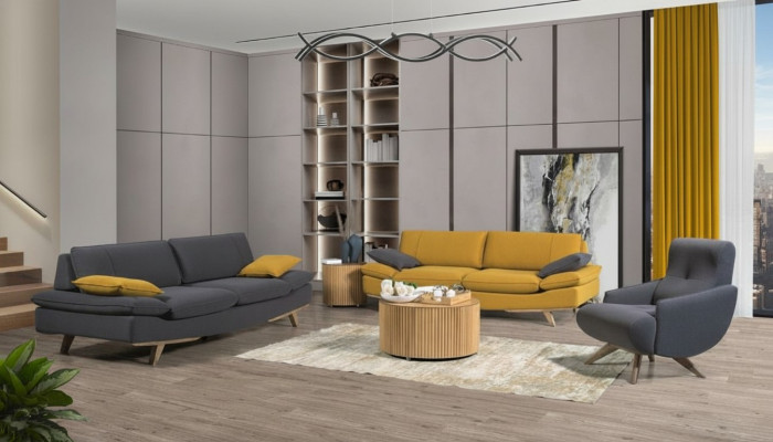 Salon gris-jaune mobilier de luxe 2x canapés 3 places fauteuil individuel 3 pièces