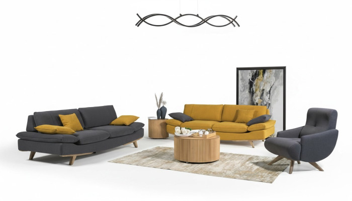 Salon gris-jaune mobilier de luxe 2x canapés 3 places fauteuil individuel 3 pièces