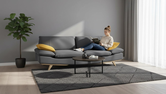 Canapé trois places gris élégant et stylé pour un salon moderne et luxueux.