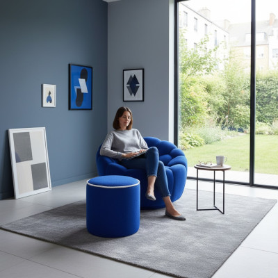 Fauteuil bleu ensemble de salon design 2 pièces tabouret rembourré exclusif