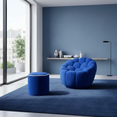 Fauteuil bleu ensemble de salon design 2 pièces tabouret rembourré exclusif