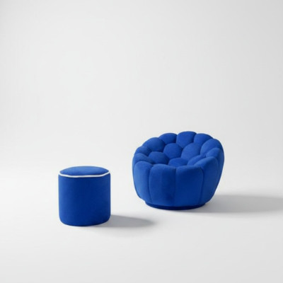 Fauteuil bleu ensemble de salon design 2 pièces tabouret rembourré exclusif