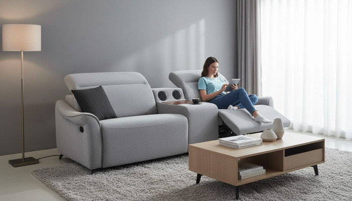 Canapé en tissu gris Designer 3 places avec système musical moderne
