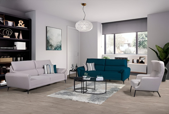 Ensemble de sièges de salon élégant comprenant 2 canapés 3 places et un fauteuil en suite de 3 pièces.