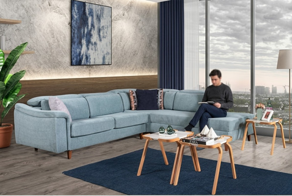 Coin canapé en L bleu Plutôt un salon Canapés Designer cadre en bois