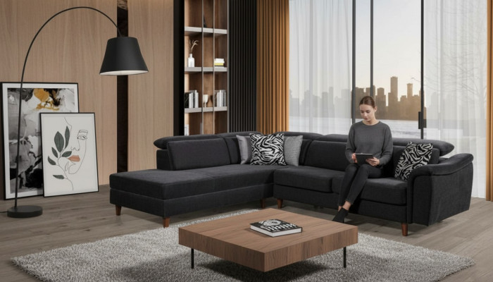 Coin canapé en forme de L en cuir noir pour salon paysage de vie nouveau