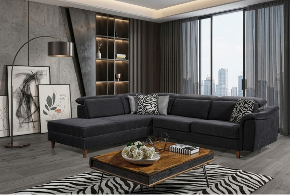 Coin canapé en forme de L en cuir noir pour salon paysage de vie nouveau