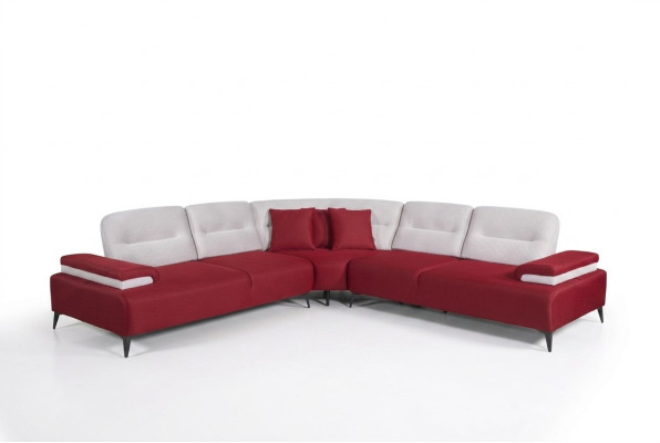 Canapé d'angle élégant rouge en forme de L, canapé design en bois pour salon.