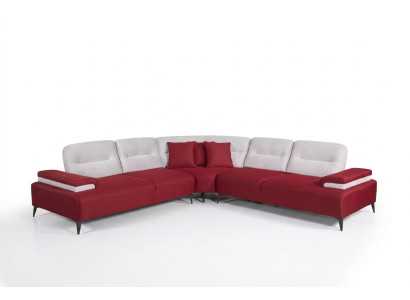 Canapé d'angle élégant rouge en forme de L, canapé design en bois pour salon.