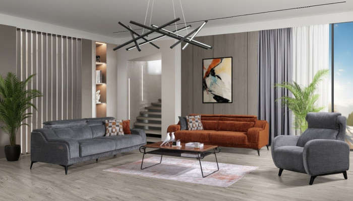 Mobilier de salon gris-orange exclusif avec canapé 3 places de luxe et fauteuil individuel.