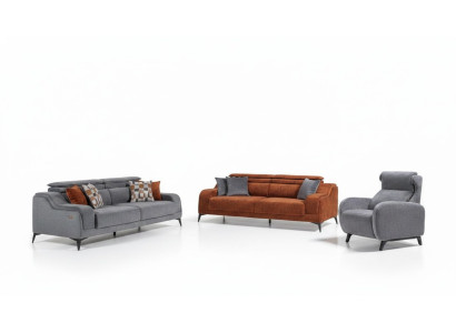 Mobilier de salon gris-orange exclusif avec canapé 3 places de luxe et fauteuil individuel.