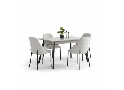 Suite de salle à manger blanche de luxe, 6 chaises rembourrées, table rectangulaire