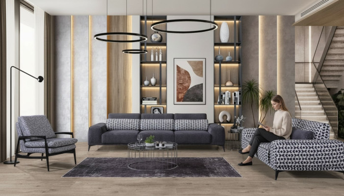 Ensemble de sièges de salon gris exclusif pour trois personnes et une personne, ensemble de 3 pièces 4+3+1