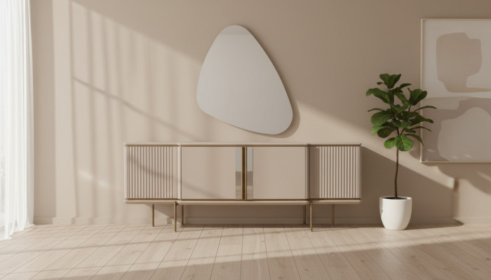 Buffet de salle à manger beige avec 2 portes, luxueux, miroir moderne, meuble en bois.