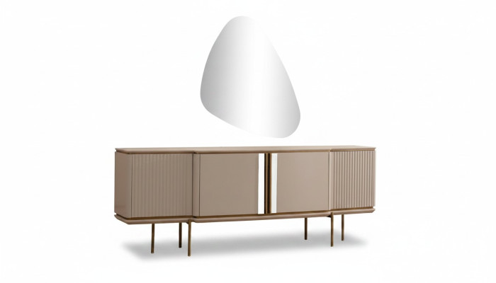 Buffet de salle à manger beige avec 2 portes, luxueux, miroir moderne, meuble en bois.