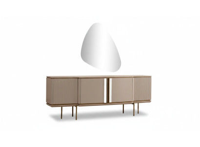 Buffet de salle à manger beige avec 2 portes, luxueux, miroir moderne, meuble en bois.