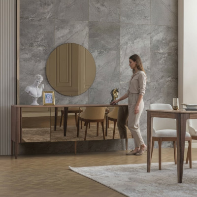 Salle à manger brune Buffet en verre Moderne Miroir Ensemble complet de 2 pièces neuf